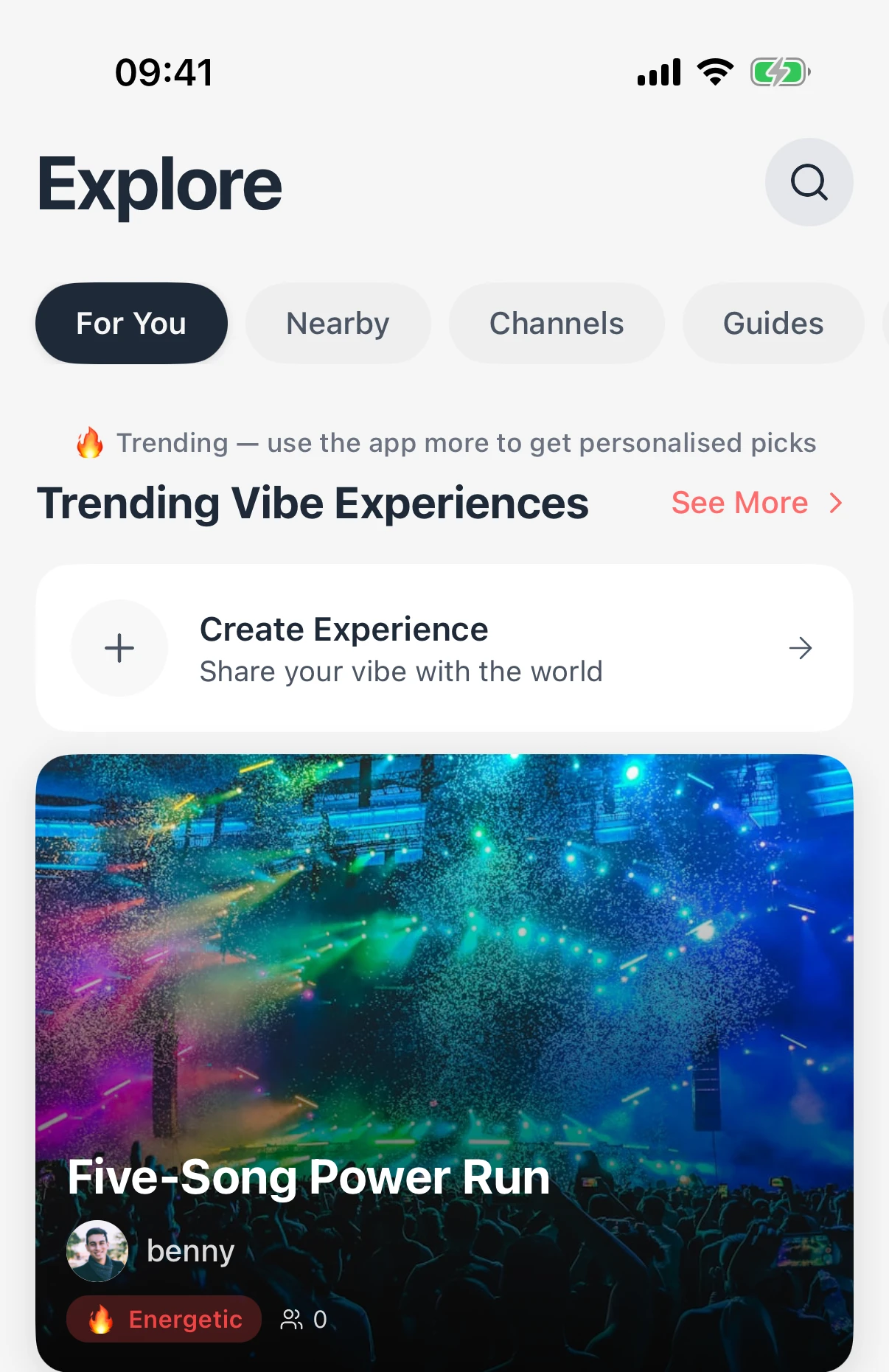 EchoDrop on iOS: the Explore tab with For You, Nearby, Channels and Guides, showing trending vibe experiences.