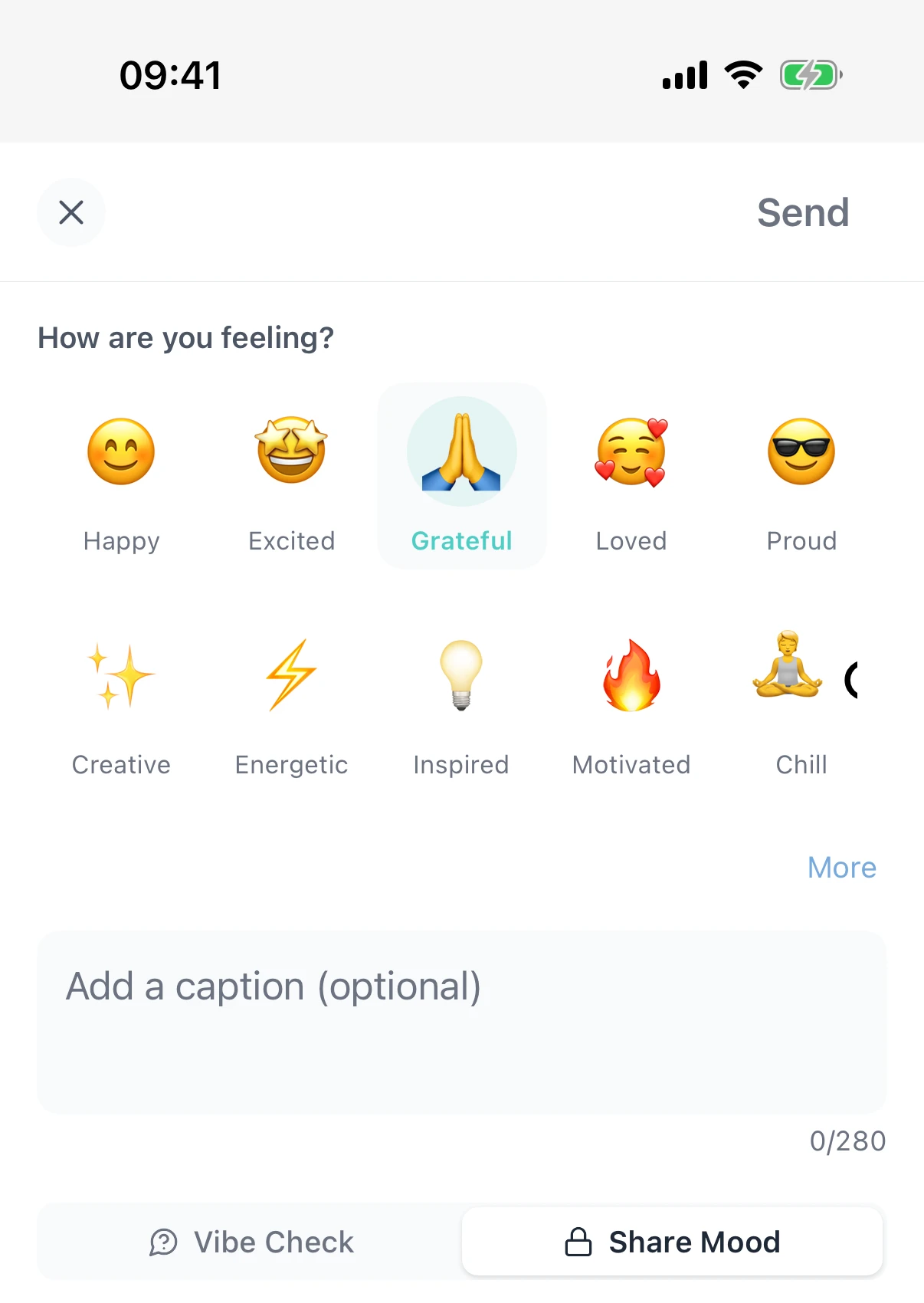 EchoDrop on iOS: the mood picker showing Happy, Excited, Grateful, Loved, Proud, Creative, Energetic, Inspired, Motivated and Chill, above an optional caption field.