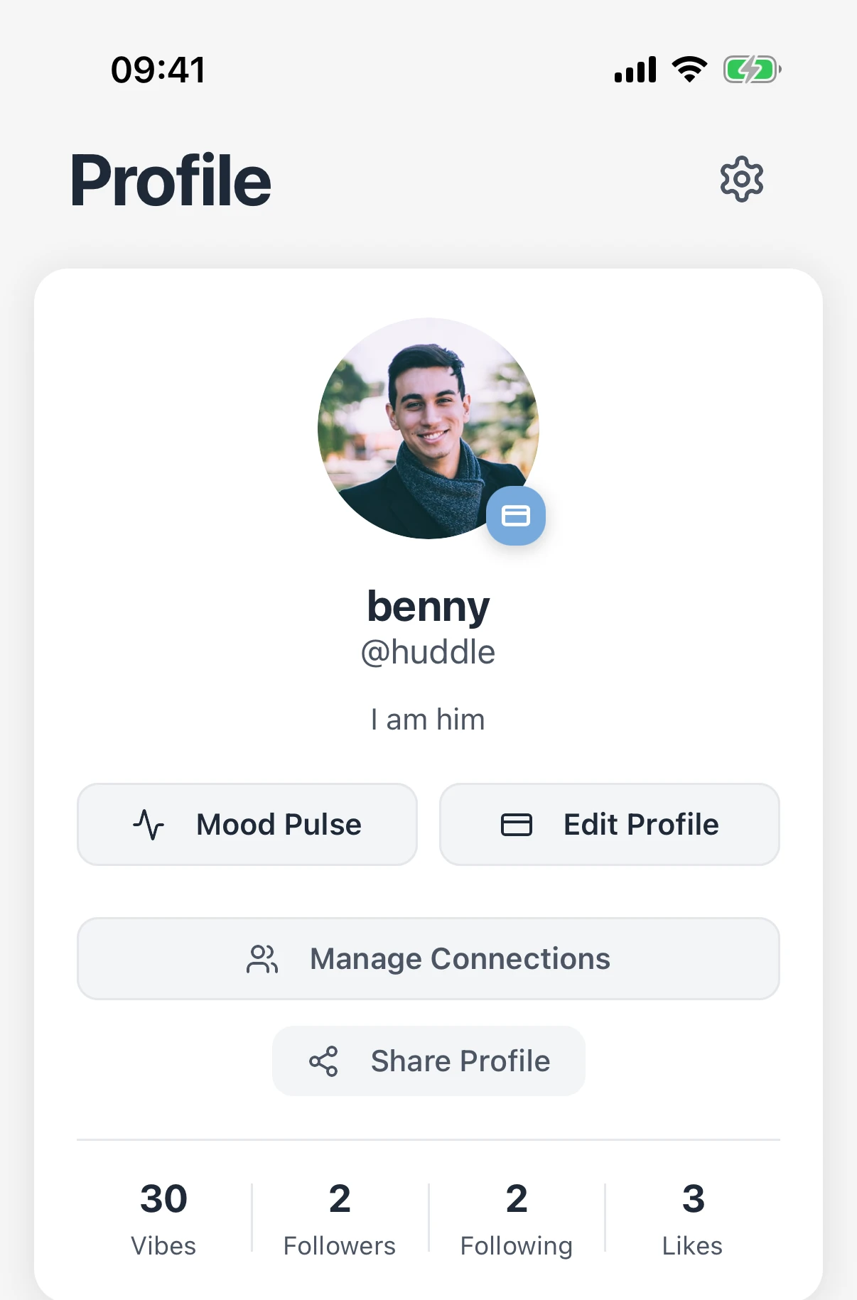 EchoDrop on iOS: a profile with Mood Pulse, Edit Profile, Manage Connections and Share Profile actions.