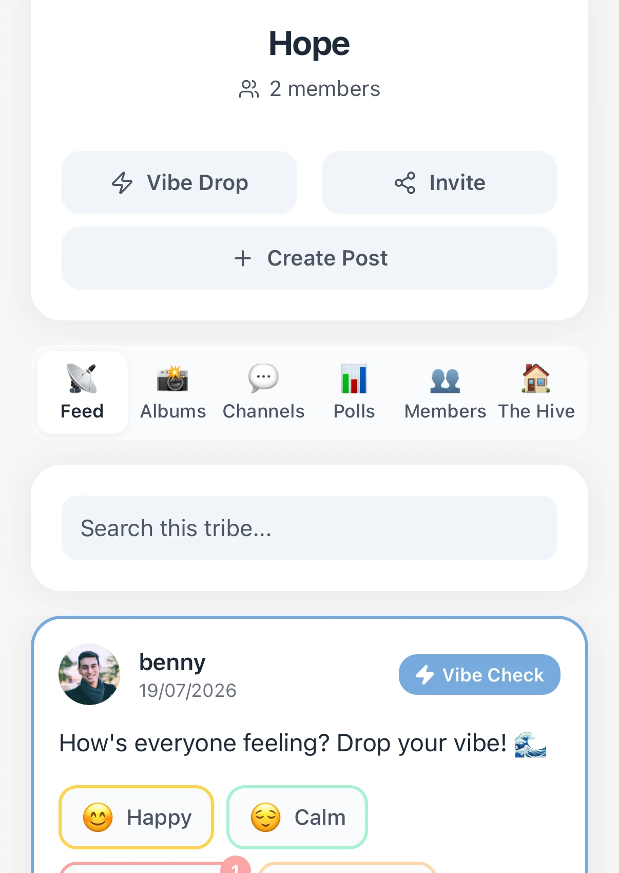 EchoDrop on iOS: inside a tribe, showing Feed, Albums, Channels, Polls, Members and The Hive tabs above a vibe check post.