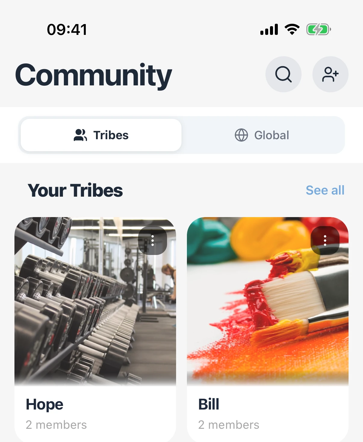 EchoDrop on iOS: the Community tab with the Tribes and Global toggle above a grid of tribes.